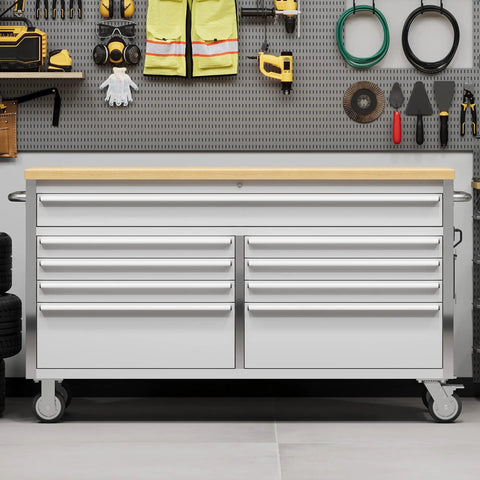 Big Ol 61 Inch Mobile Tool Chest With 15 Drawers And 18 Inch Deep Wood Top Lockable Rolling Metal Storage Cabinet On Four Wheels