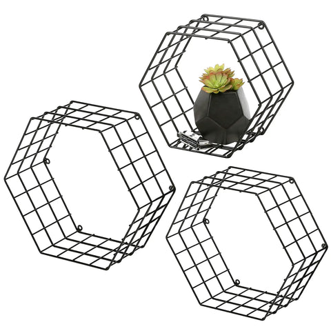 Matte Black Hexagonal Wire Mesh Floating Shelves Set Of 3 Wall Mounted Display Rack For Bedroom Or Office Legit Heavy Duty Storage For Books Plants And Collectibles That Totally Slaps With Modern Vibes