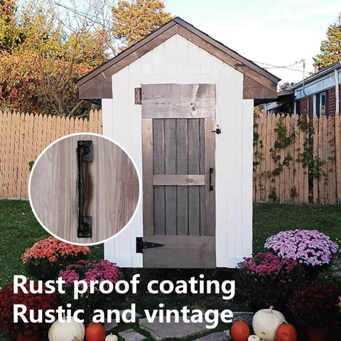Outdoor shed with Nine and Three Quarters Inch Rustic Cast Iron Gate Handle for Sliding Barn Doors Vintage Metal Gate Pull shown inset