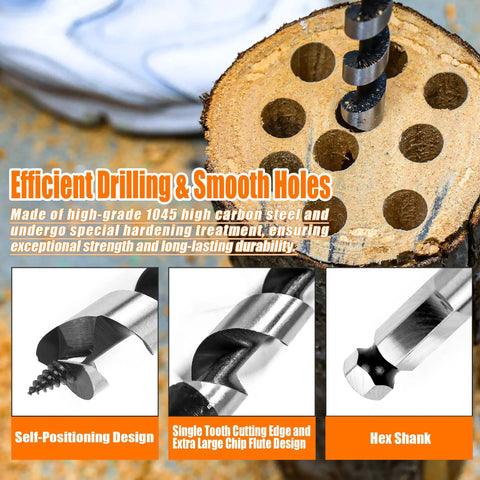 Six Piece Nine Inch Long Auger Drill Bit Set For Wood, Hex Shank, shown drilling precise holes in wooden surface.