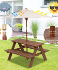 Outdoor Wooden Kids Picnic Table With Removable Umbrella Foldable Bench Set in walnut, shown with weatherproof and sunproof features.