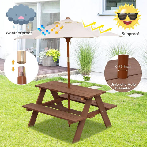 Outdoor Wooden Kids Picnic Table With Removable Umbrella Foldable Bench Set in walnut, shown with weatherproof and sunproof features.