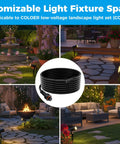 4 Pack 6.5 Foot Extension Cords With 2 Pin Connectors For Your All In One Low Voltage Landscape Lighting Kit IP65 Weatherproof UL Listed Outdoor Extension Cable Set shown in different garden settings