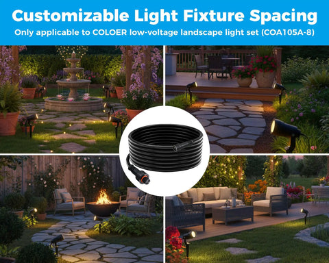 4 Pack 6.5 Foot Extension Cords With 2 Pin Connectors For Your All In One Low Voltage Landscape Lighting Kit IP65 Weatherproof UL Listed Outdoor Extension Cable Set shown in different garden settings