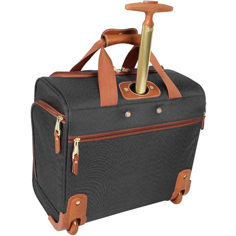 15 Inch Carry On Luggage For Women With Rolling Spinner Wheels Ultra Lightweight Weekender Bag That Fits Under The Seat For Airline Travel Ideal For Overnight Business Trips Black, showing a side view with ergonomic handle and spinner wheels.