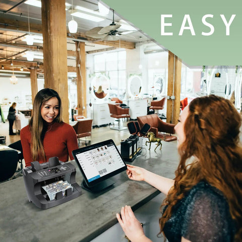 Money Counter Machine For US Dollars With Mixed Denominations at a small business counter, aiding cash handling.