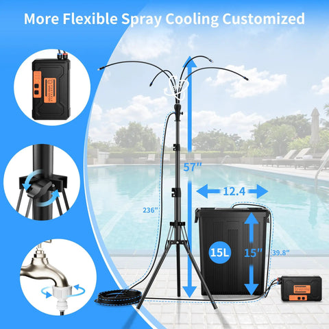 Outdoor Patio Mister System With Four-Gallon Water Bucket And Pump, Eight Spray Modes, Adjustable Height Up To Seven Feet by pool