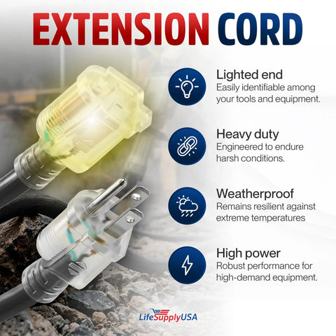 Infographic of Heavy Duty 10ft Indoor Outdoor Extension Cord 10 Gauge 3 Conductor SJTW Waterproof 3 Prong Power Cable