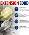 Image showcasing features of Beefy 200ft Outdoor Indoor Extension Cord 12/3 Gauge Extra Heavy Duty SJTW with lighted end
