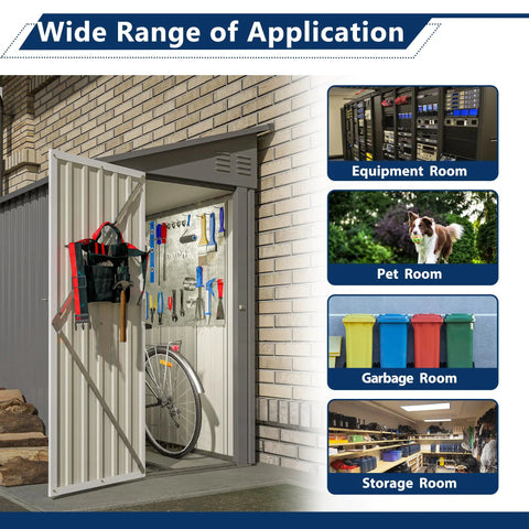 Lean To Metal Shed 4x8 Outdoor Storage Unit For Backyard Garden Patio, Weatherproof Galvanized Steel Walls, open door showing tool area