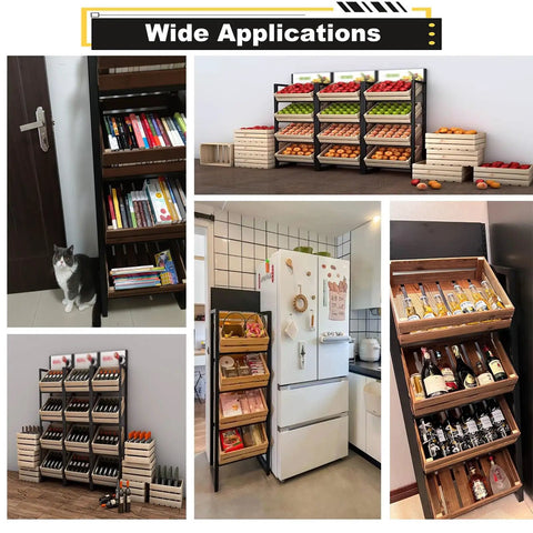 4 Tier Beefy Walnut Look Steel Frame Storage Rack Rock Solid Heavy Duty Floor Shelf for Kitchen Garden Produce Display with fruits.