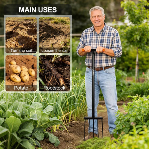 Man holding Heavy Duty Pitch Fork 45 Inch Garden Fork With Strong Steel Tines And Long Comfortable Handle For Tough Soil Use