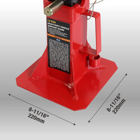 Beefy Heavy Duty Pin Type Jack Stands With Lock, 12 Ton Capacity, 26,400 Lb Pair, Red, Adjustable Height From 12 5/8 In To 18 1/8 In, Secure Locking Pins For Safe Vehicle Lifts