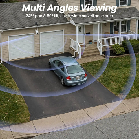 2K Wireless Outdoor Security Camera System With Solar Panel And Battery Power demonstrating multi-angle viewing on driveway