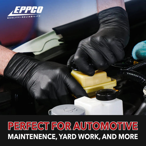 Two hands in Built Tough 6 Mil Thick Black Nitrile Work Gloves For Mechanics And Auto Repair, working on a car engine.