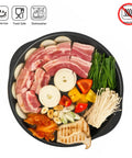 Korean BBQ Nonstick Grill Pan For KBBQ Lovers, Cast Aluminum Build, PFOA Free Coating with meat and vegetables on pan
