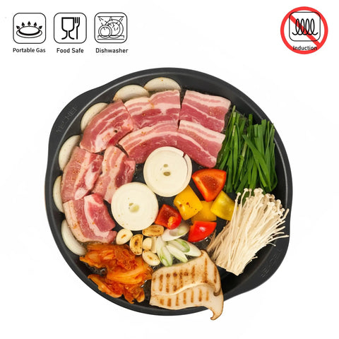 Korean BBQ Nonstick Grill Pan For KBBQ Lovers, Cast Aluminum Build, PFOA Free Coating with meat and vegetables on pan