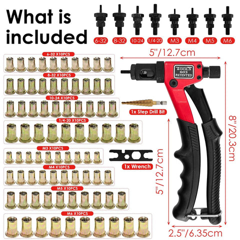 Premium 8 Inch Rivet Nut Tool Kit With Quick Change Heads And 80 Dual Metric SAE Mandrels For Precision Tight Space Installation On Cars Or Machinery DIY Pro Grade Carbon Steel Grip, tool kit with rivet nuts and drill bit