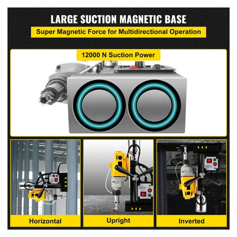 Magnetic Drill Press 1200W Powerful Electric Bench Drilling Rig Machine For Engineering Steel Structure MD40 MB23 BRM35 with large suction magnetic base.