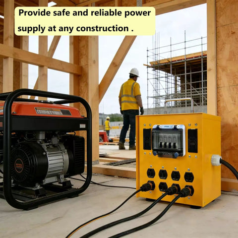 Heavy Duty 30A Temporary Power Distribution Box With L14-30P Input And Four GFCI 20A Duplex Outlets on a job site.