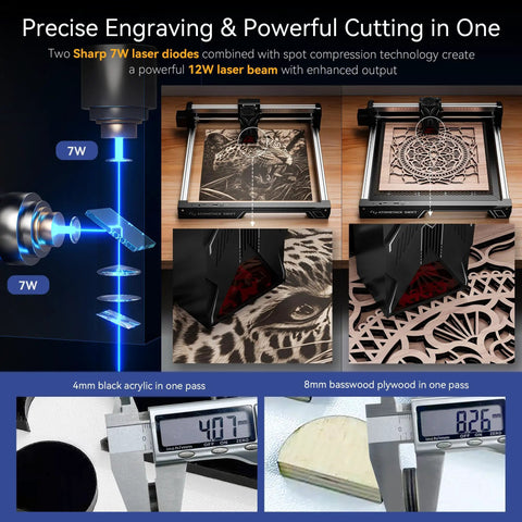 Beast 12W Laser Engraver And Cutter For Wood Metal Dark Acrylic Glass Leather displayed with precision engravings.