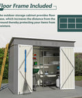 8x4 Heavy Duty Steel Outdoor Storage Shed For Backyard With Double Lockable Doors And Air Vent Perfect For Lawn Mowers Snow Blowers Bikes Grills And Backyard Gear Stash In Gray with open doors revealing interior shelves and tools inside, situated on a base, against a garden backdrop.