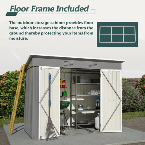 8x4 Heavy Duty Steel Outdoor Storage Shed For Backyard With Double Lockable Doors And Air Vent Perfect For Lawn Mowers Snow Blowers Bikes Grills And Backyard Gear Stash In Gray with open doors revealing interior shelves and tools inside, situated on a base, against a garden backdrop.