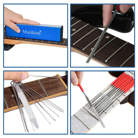 Guitar Tool Kit For Setup And Repair Pro Luthier Maintenance Pack with fret leveling beam and end dressing file in use