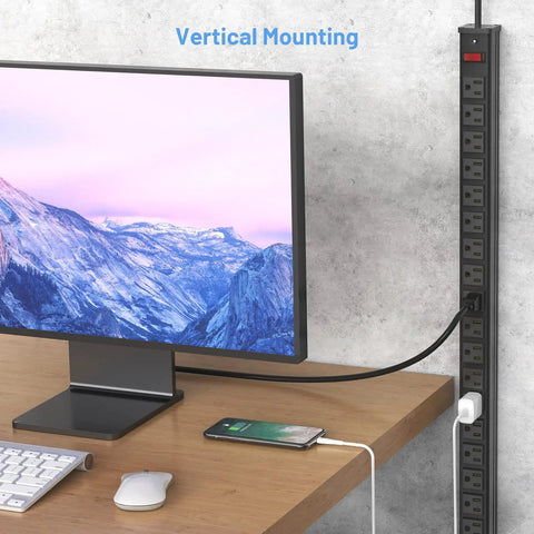 Massive 24 Outlet Metal Power Strip With 10-Foot Heavy Duty Cord Mountable For Warehouse Garage Workshop ETL Listed Black 15 Amp