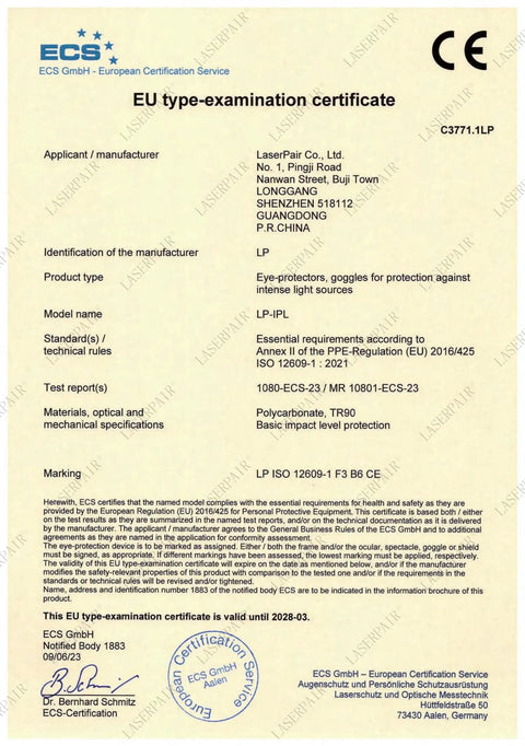 EU type-examination certificate for Heavy Duty Ipl Safety Glasses For Laser Hair Removal Photorejuvenation And Elight Shr Gear.