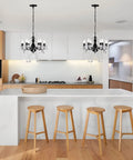 Kitchen with two Six Light Black Crystal Chandelier Lighting Fixture For Living Room, Dining Room And Bedroom Modern Vintage Candle Style With Crystal Strands And Droplets, Lit Dope Home Accent That Elevates Any Space