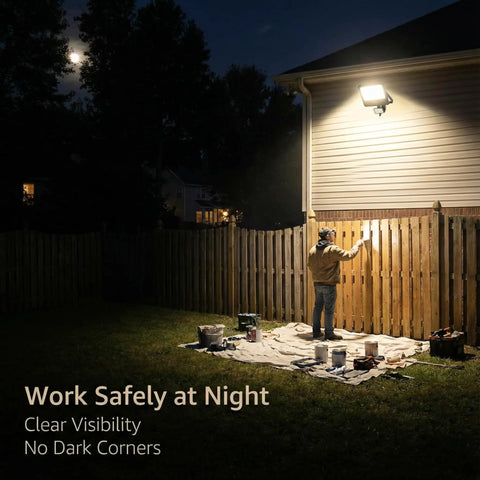 Night scene with Two Pack 50W LED Flood Lights Outdoor IP66 Waterproof Daylight 6500K 14000 Lumens illuminating a backyard.