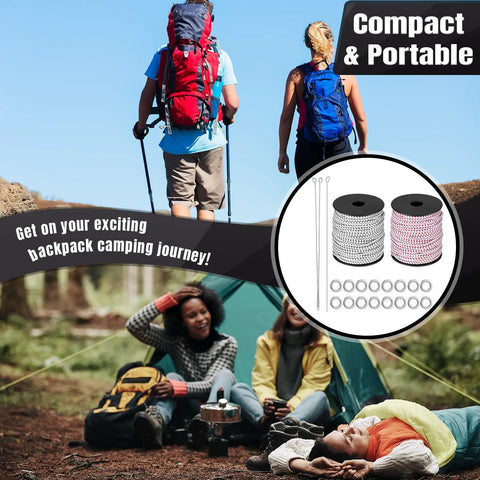 Two Rolls Of 100 Ft 1 8th Inch Shock Cord Tent Pole Repair Kit With Lead Wires And Washers featured during a camping trip