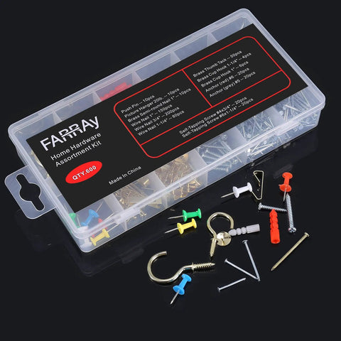 Repair And Wall Hanging Kit 600 Piece Assortment With Screws Nails Drywall Anchors Picture Hangers displayed in a plastic case