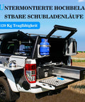 Truck with open storage showing undermount heavy duty drawer slides full extension bottom mount rails with ball bearing glide.