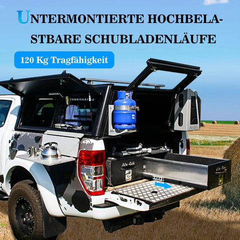 Truck with open storage showing undermount heavy duty drawer slides full extension bottom mount rails with ball bearing glide.