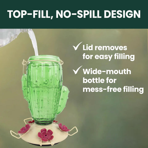 Cactus Top Fill Glass Hummingbird Feeder With Built In Bee Guards And Removable Perches 32 Ounce demonstrated with easy filling.