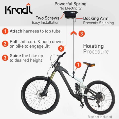 Diagram of Two Pack 40 Pound Ceiling Mount Bike Lift And Rack For No Fuss Bicycle Storage Without Electricity Ropes Or Pulleys.