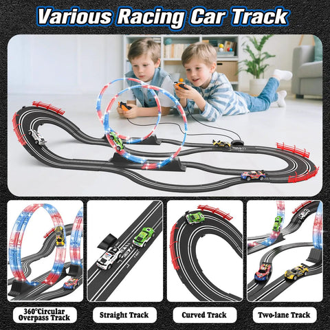 Children playing with Dual Lane Slot Car Race Track Set With Four High-Speed Cars, Electric Track, Dual Controllers, Overpass Design