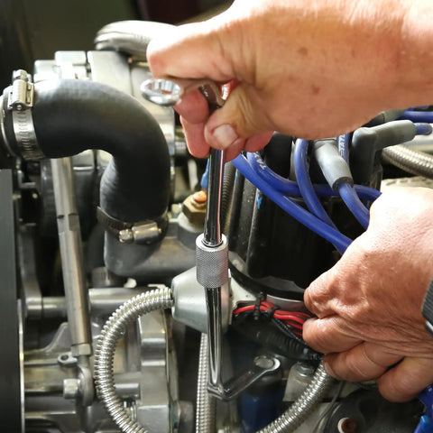 Two Piece Distributor Clamp Wrench Set For Auto Ignition Systems, Offset Design Lets You Reach Crowded Distributors in use