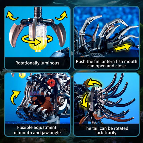 Mechanical Angler Fish Building Set With Light For Home Office Decor And Ocean Themed Lit Fun Lantern Fish Toy Lego Compatible Sea Creature STEM Gift Idea For Adults And Teens 1038 Piece Set, close-up of rotating jaw and tail