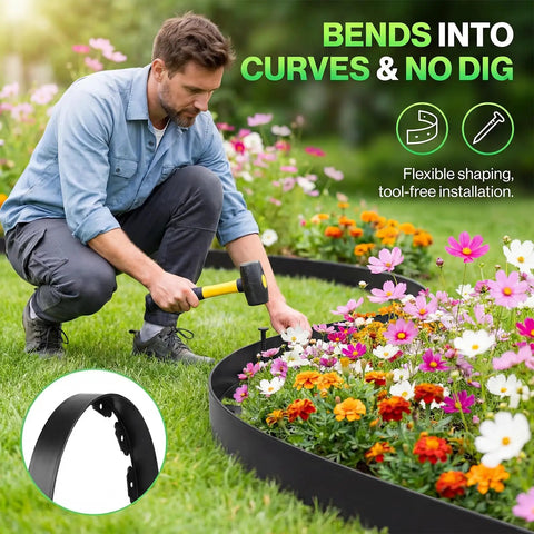 Man installing Landscape Edging Kit 1.5 Inch By 100 Foot Plastic Garden Border With 120 Spikes No Dig Black Border for flower beds