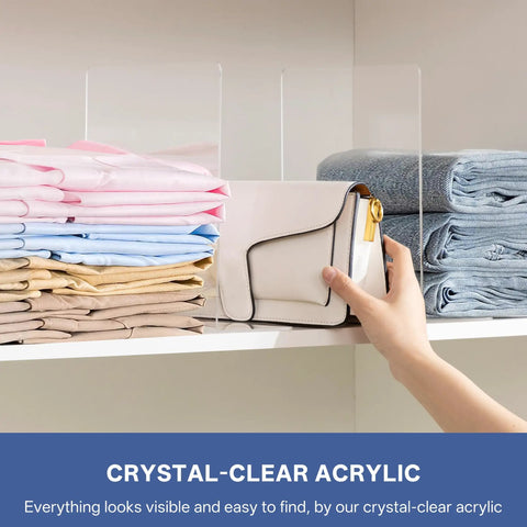 Clear Acrylic Shelf Dividers For Closet Organization 6 Pack Adjustable Book And Sweater Supports with purse and folded clothes