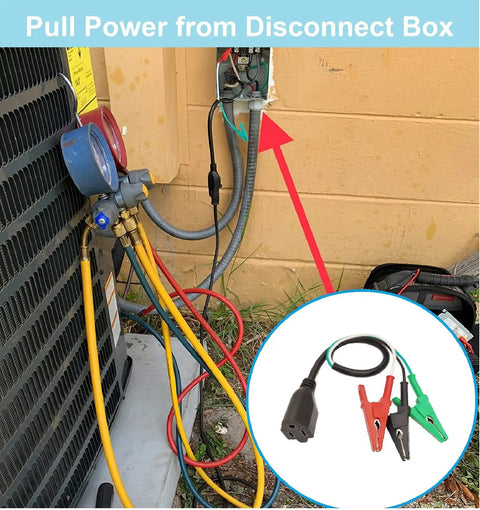 Heavy-duty HVAC circuit breaker finder with AC gauges and cables, shown in use for testing electrical circuits.