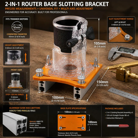 Rock Solid Wood Trimmer Router Base And 2 In 1 Compact Palm Router Base With Precision Slotting Bracket displaying dimensions and features.