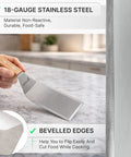 Close-up of 18-gauge stainless steel spatula with wooden handle, featuring beveled edges for griddle and teppanyaki cooking.
