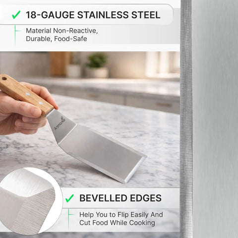 Close-up of 18-gauge stainless steel spatula with wooden handle, featuring beveled edges for griddle and teppanyaki cooking.