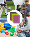 Image of Six Colorful Mesh Drawstring Bags Set 14x18 Inch for Gym Gear Laundry Beach and Toys, featuring six vibrant bags and activity scenes