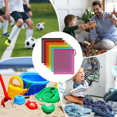Image of Six Colorful Mesh Drawstring Bags Set 14x18 Inch for Gym Gear Laundry Beach and Toys, featuring six vibrant bags and activity scenes