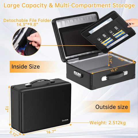 Ten Layer Fireproof Document Safe Box With Lock And Zippered Pockets, Built To Stand 6400F Fireproof Insulation, showing internal compartments